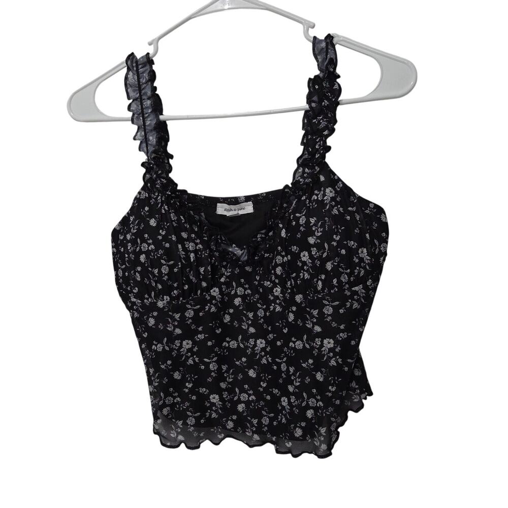 Stitch & Pine Black Ruffle Built in Bra Whimsigoth Floral Crop Tank Top Medium